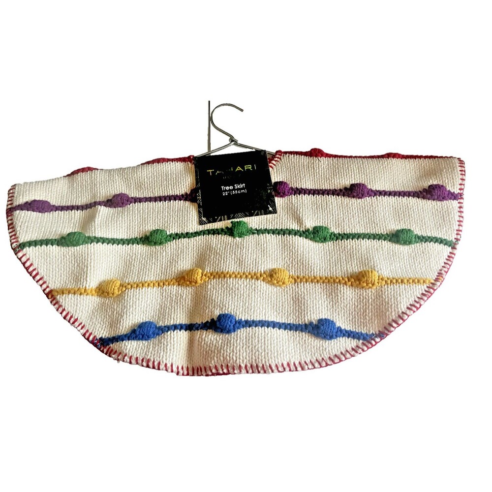 Tahari Tabletop Mini Christmas Tree Skirt Knit Rainbow Pom Pom 22” Round